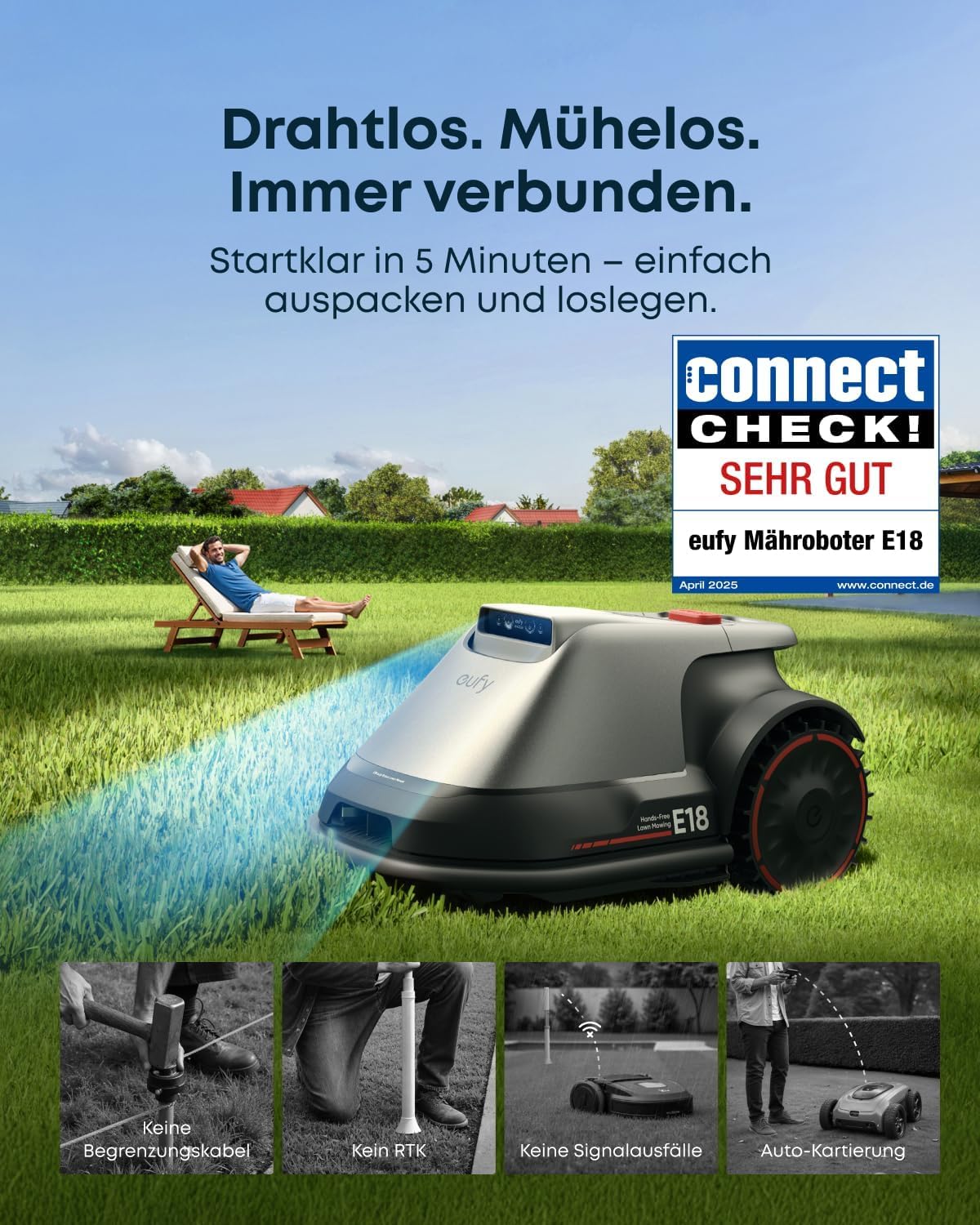 eufy E18 Mähroboter 1200 m² – Ohne Begrenzungskabel, TrueVision, Präzisionsrandschnitt