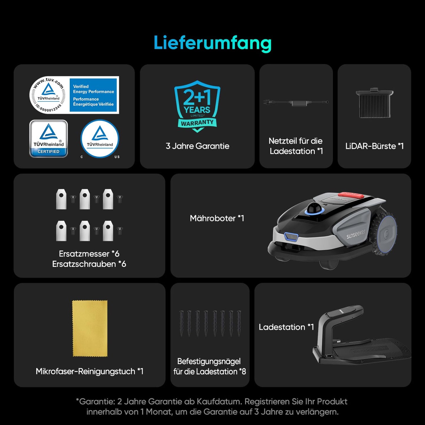 Sunseeker S4 Mähroboter 1000 m² – Ohne Begrenzungskabel, 3D LiDAR, 42% Steigung, App