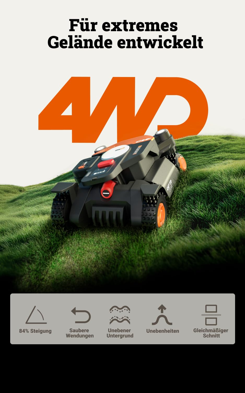WORX Landroid Vision Cloud WR342E 4WD Mähroboter 2000 m² – Ohne Begrenzungskabel, RTK, 84% Steigung