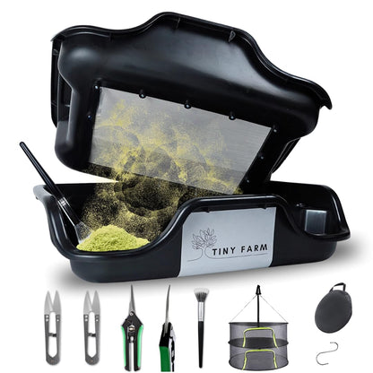 TINY FARM Trim Bin Set – mit Pollensieb, Trimmscheren & Netz – ergonomisches Trimming Tray & Dry Sift Sieb für Ernte & Grow