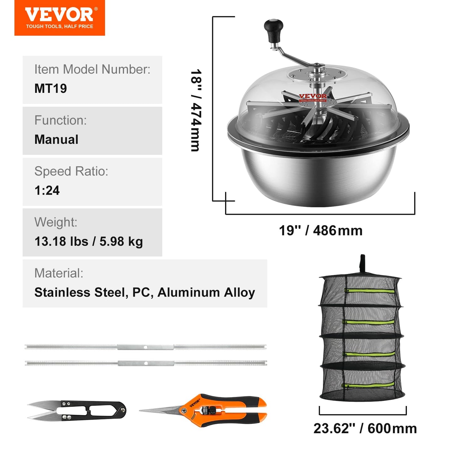 VEVOR 19" Blattschüssel-Trimmer – manuelle Erntemaschine mit Netz & 3 Edelstahlklingen – für nasse & trockene Pflanzen Grow