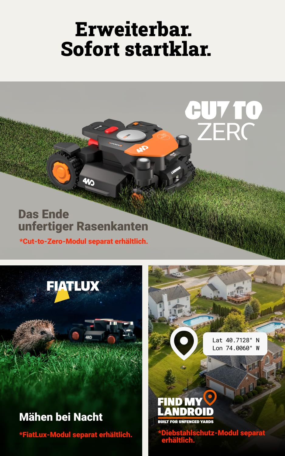 WORX Landroid Vision Cloud WR342E 4WD Mähroboter 2000 m² – Ohne Begrenzungskabel, RTK, 84% Steigung