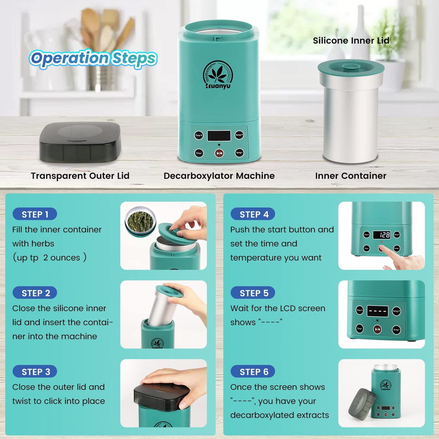 Huanyu Decarboxylator, aus PP, PC, Aluminium, Silikon, für Kräuter, Kräuteröl, Infusionsmaschine, Butteröl-Ei
