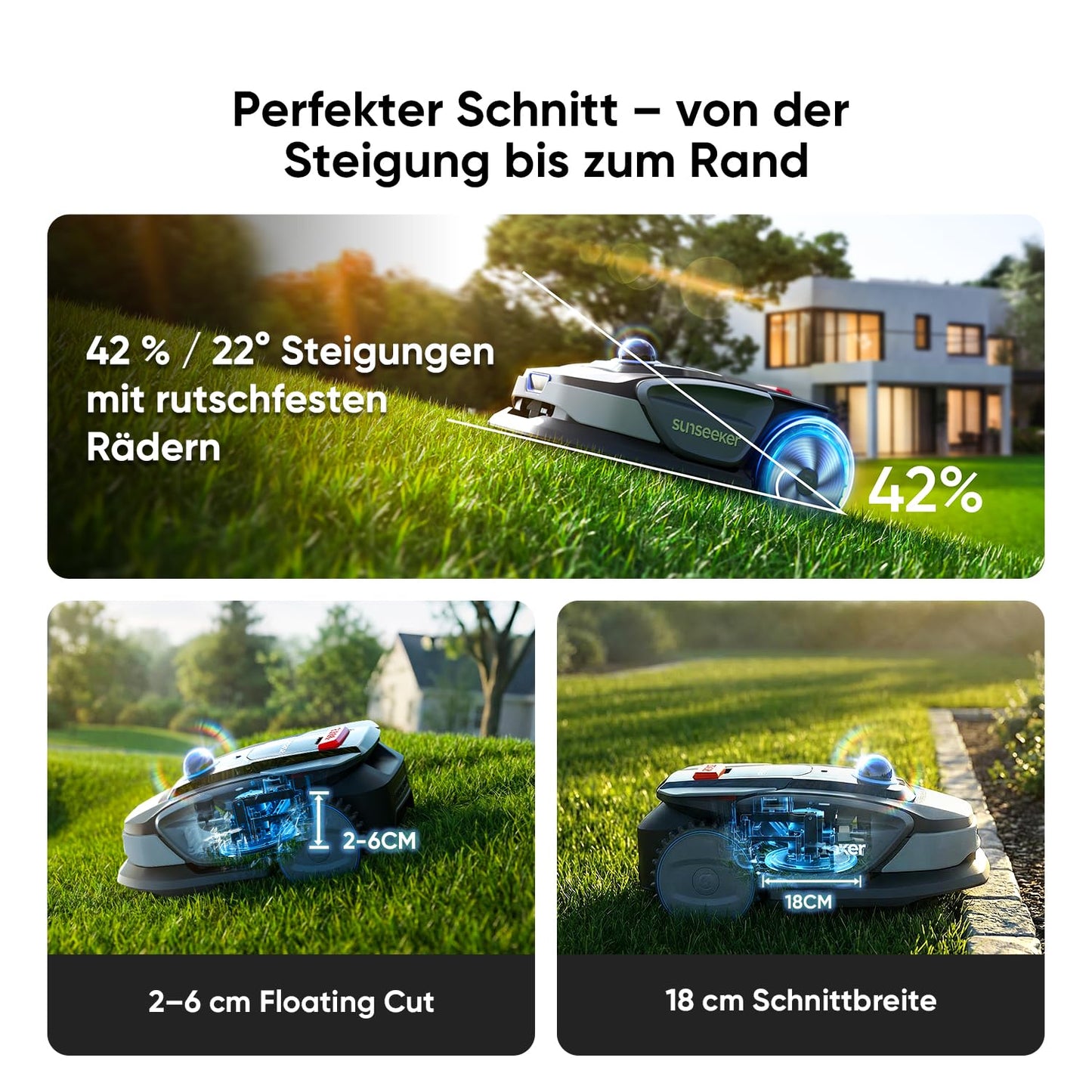 Sunseeker S4 Mähroboter 1000 m² – Ohne Begrenzungskabel, 3D LiDAR, 42% Steigung, App