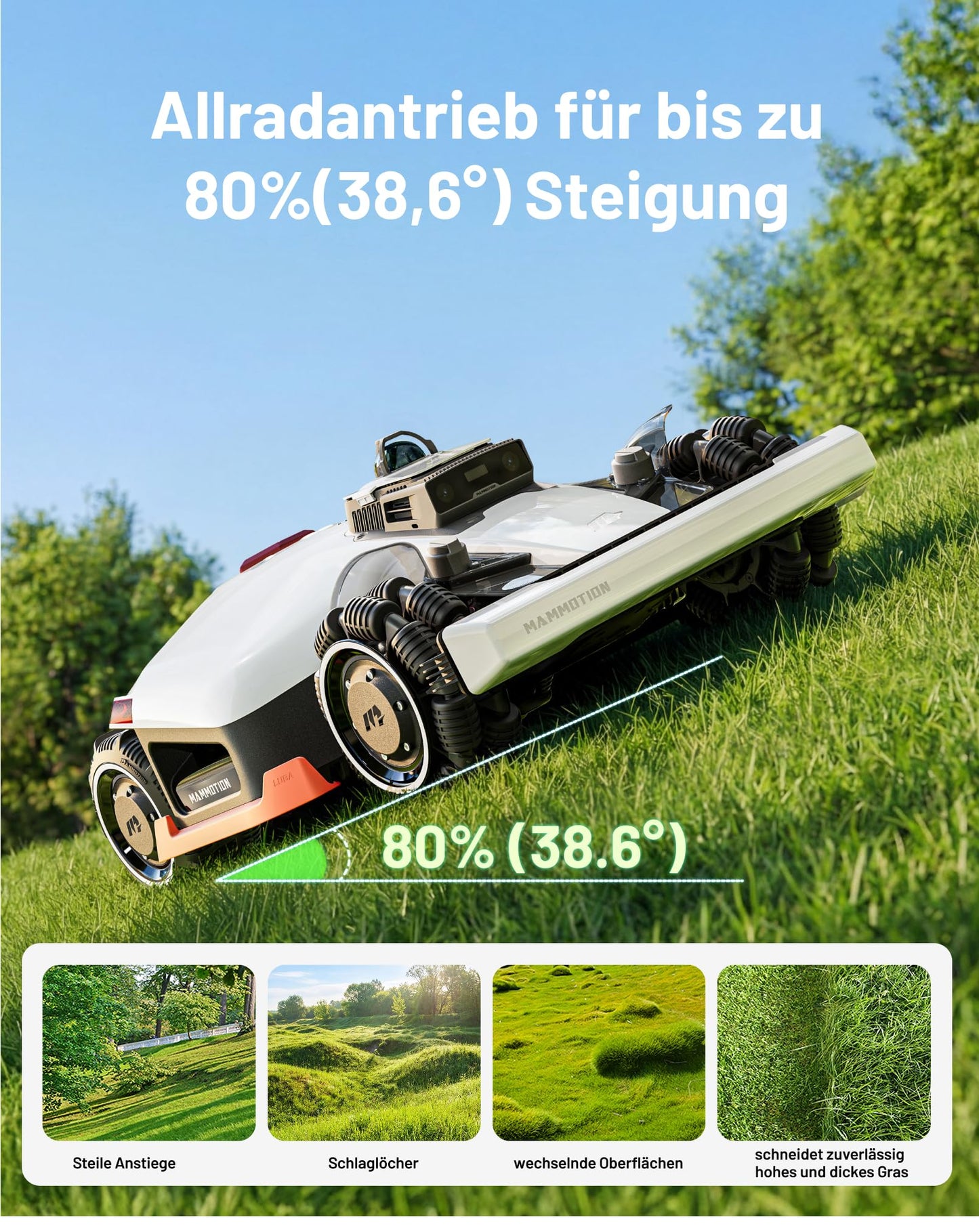 MAMMOTION LUBA 3 AWD Mähroboter 1500 m² inkl. Garage – Ohne Begrenzungskabel, LiDAR+Kamera, 80% Steigung