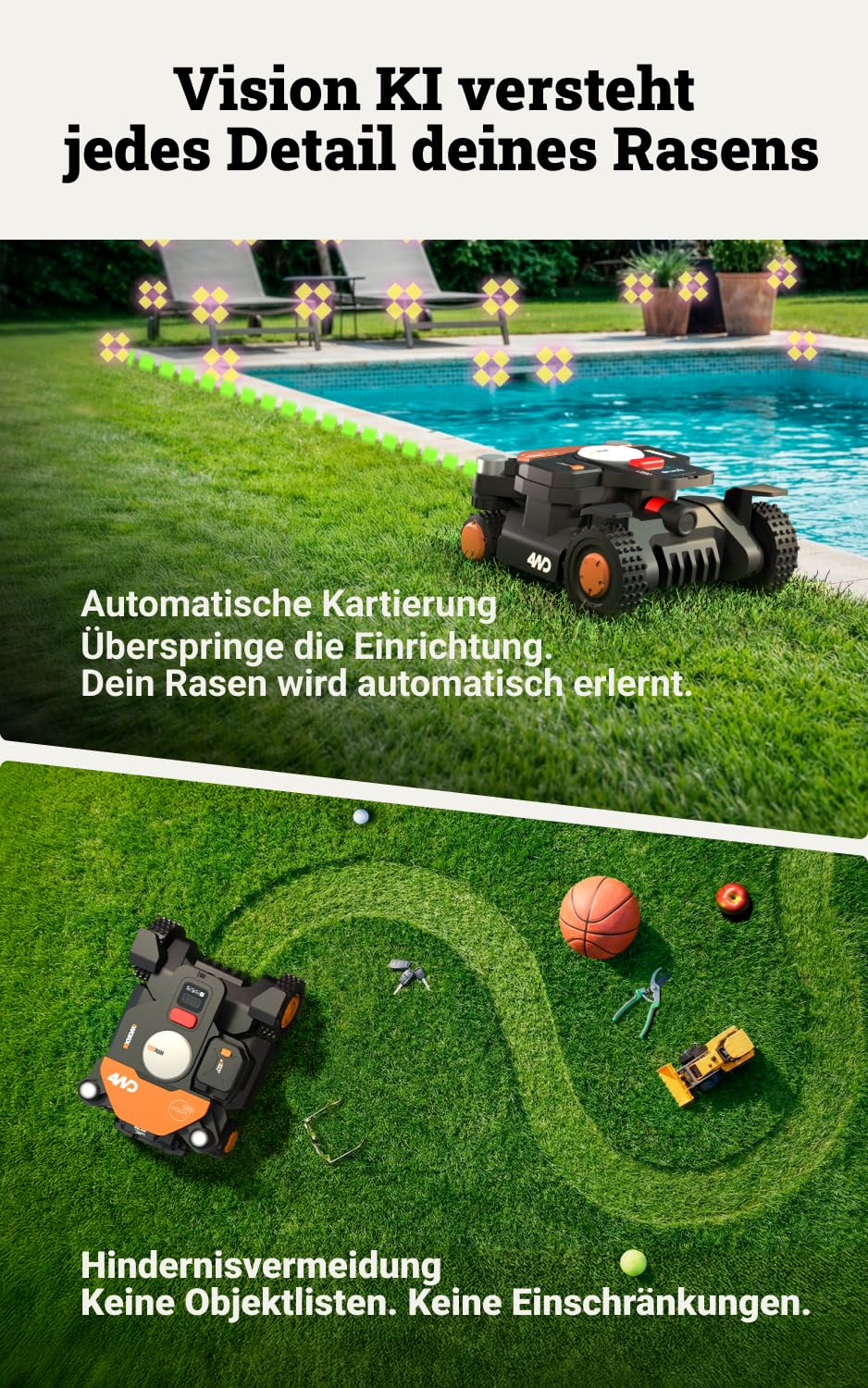 WORX Landroid Vision Cloud WR342E 4WD Mähroboter 2000 m² – Ohne Begrenzungskabel, RTK, 84% Steigung