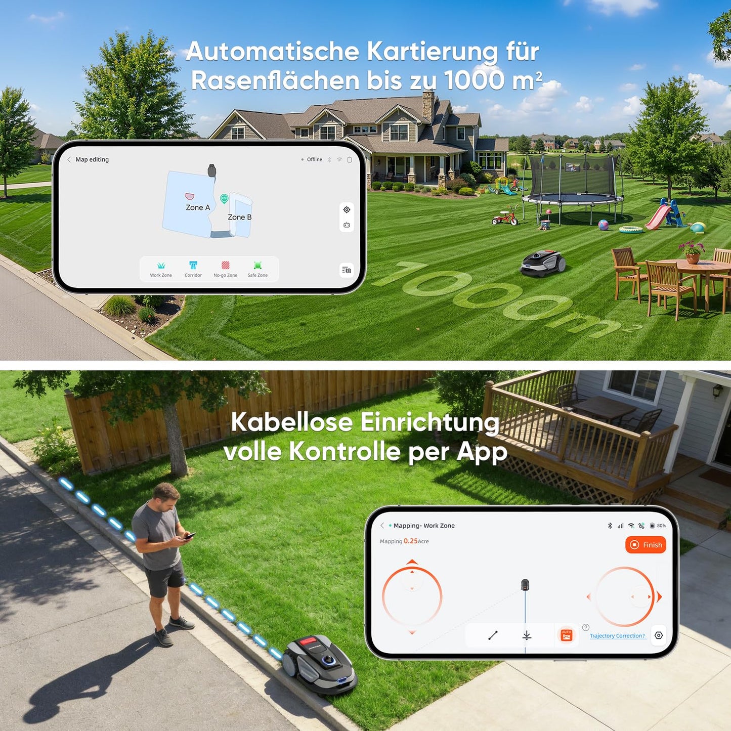 Sunseeker S4 Mähroboter 1000 m² – Ohne Begrenzungskabel, 3D LiDAR, 42% Steigung, App