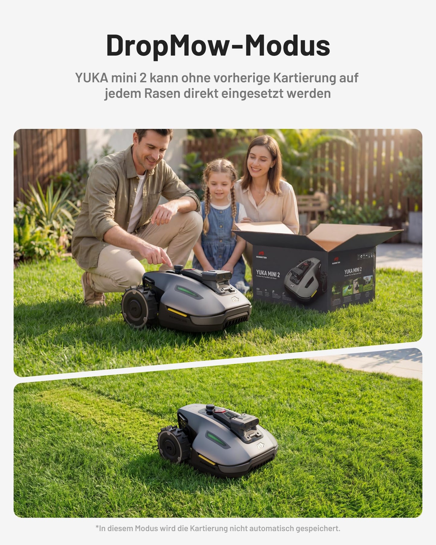 MAMMOTION YUKA mini 2 Mähroboter 500 m² – Ohne Begrenzungskabel, 3-Kamera-Vision