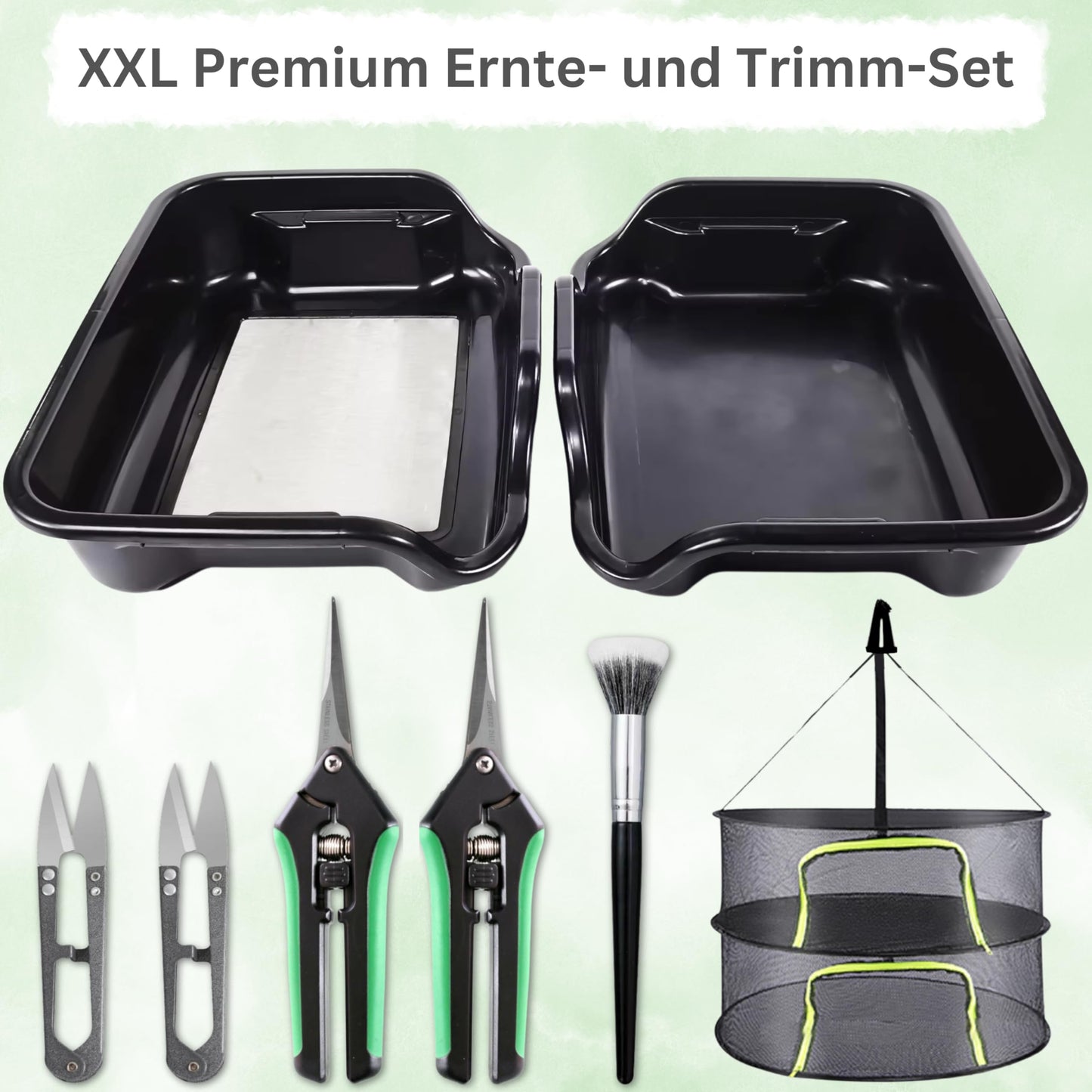 TINY FARM Trim Bin Set – mit Pollensieb, Trimmscheren & Netz – ergonomisches Trimming Tray & Dry Sift Sieb für Ernte & Grow