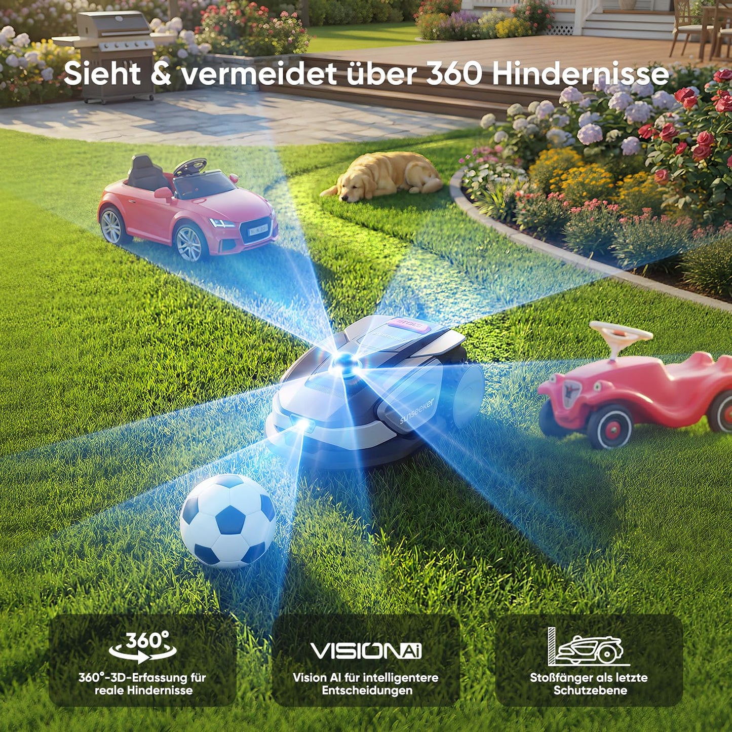 Sunseeker S4 Mähroboter 1000 m² – Ohne Begrenzungskabel, 3D LiDAR, 42% Steigung, App